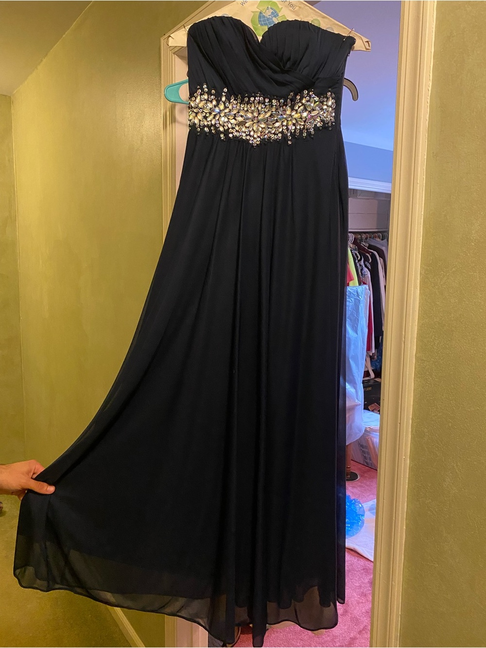 Sequin Hearts Black Strapless Evening Gown with Jeweled Waist